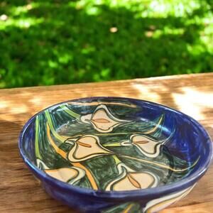 Large Mexican Talavera Handpainted Bowl Lillies Signed Functional Kitchen Decor